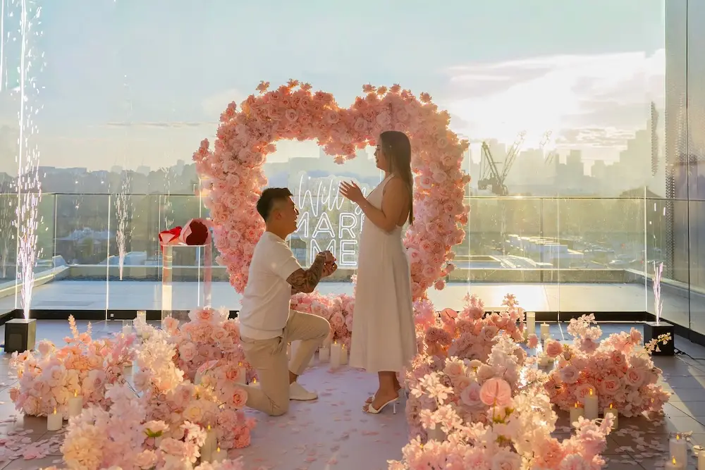 pink floral heart proposal in melbourne