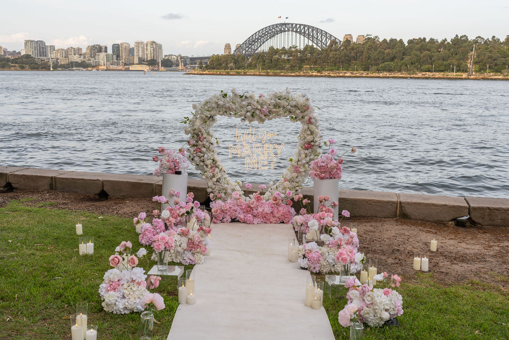 pink and white floral love heart installation