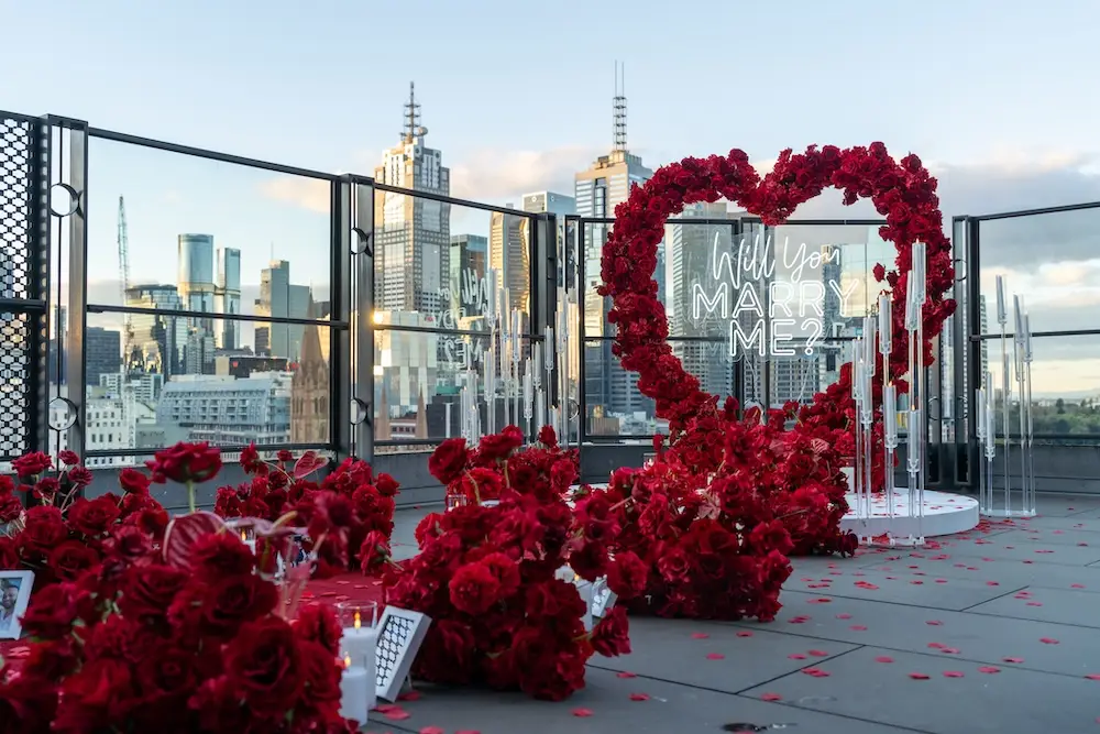 red floral heart proposal at the langham melbourne